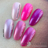 Comparaison de couleurs avec le CND Shellac Happy Go Lucky, teinte rose vibrant fuchsia, formule sans TPO.