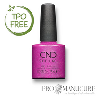 Flacon de vernis semi-permanent CND Shellac All The Rage, teinte rose fuchsia vibrant avec micro-paillettes étincelantes, format 7,3ml, formule sans TPO.