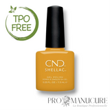 Flacon de vernis semi-permanent CND Shellac Among The Marigolds, teinte jaune orangé ambré crémeux, format 7,3ml, formule sans TPO.