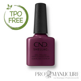 Flacon de vernis semi-permanent CND Shellac Feel The Flutter, teinte prune foncé profond, format 7,3ml, formule sans TPO.