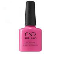 Flacon de vernis semi-permanent CND Shellac Happy Go Lucky, teinte rose vibrant fuchsia, format 7,3ml, formule sans TPO.