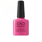 Flacon de vernis semi-permanent CND Shellac Happy Go Lucky, teinte rose vibrant fuchsia, format 7,3ml, formule sans TPO.