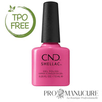 Flacon de vernis semi-permanent CND Shellac Happy Go Lucky, teinte rose vibrant fuchsia, format 7,3ml, formule sans TPO.