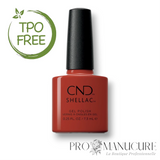 Flacon de vernis semi-permanent CND Shellac Maple Leaves, teinte orange brûlé scintillant cuivré, format 7,3ml, formule sans TPO.