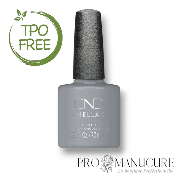 Flacon de vernis semi-permanent CND Shellac Mystic Slate, teinte gris ardoise profond aux reflets bleutés, format 7,3ml, formule sans TPO.