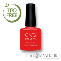 Flacon de vernis semi-permanent CND Shellac Poppy Fields, teinte rouge orangé vif et crémeux, format 7,3ml, formule sans TPO.