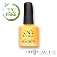 Flacon de vernis semi-permanent CND Shellac Sundial It Up, teinte jaune doré scintillant, format 7,3ml, formule sans TPO.