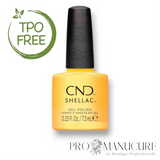 Flacon de vernis semi-permanent CND Shellac Sundial It Up, teinte jaune doré scintillant, format 7,3ml, formule sans TPO.