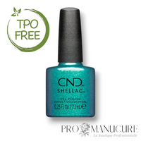 Flacon de vernis semi-permanent CND Shellac Teal-Tricity, teinte bleu sarcelle métallique scintillant, format 7,3ml, formule sans TPO.