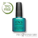 Flacon de vernis semi-permanent CND Shellac Teal-Tricity, teinte bleu sarcelle métallique scintillant, format 7,3ml, formule sans TPO.