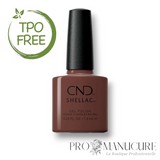 Flacon de vernis semi-permanent CND Shellac Toffee Talk, teinte marron chaud caramel crémeux, format 7,3ml, formule sans TPO.