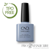 Flacon de vernis semi-permanent CND Shellac Vintage Blue Jean, teinte bleu-gris denim vintage, format 7,3ml, formule sans TPO.