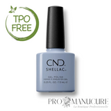 Flacon de vernis semi-permanent CND Shellac Vintage Blue Jean, teinte bleu-gris denim vintage, format 7,3ml, formule sans TPO.