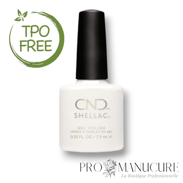 Flacon de vernis semi-permanent CND Shellac White Wedding, teinte blanc nacré doux pour mariage, format 7,3ml, formule sans TPO.