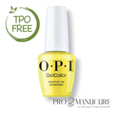 Flacon de vernis semi-permanent OPI GelColor Paintin' On Sunshine posé, formule professionnelle sans TPO ni HEMA.