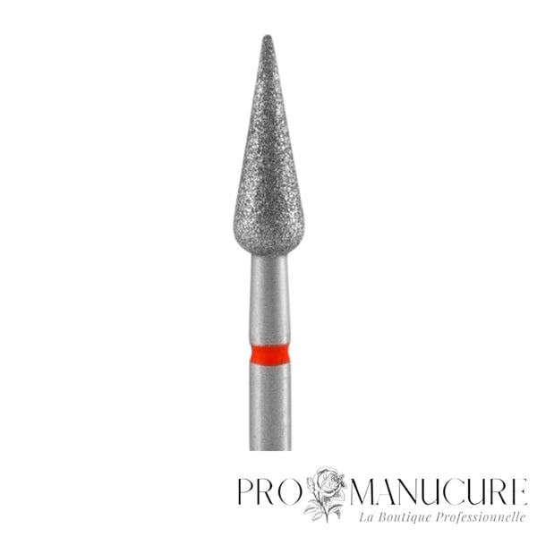 Zoom sur l'embout diamanté Staleks Pro FA100R040/12 grain fin rouge avec pictogramme diamond et code couleur abrasif pour manucure
