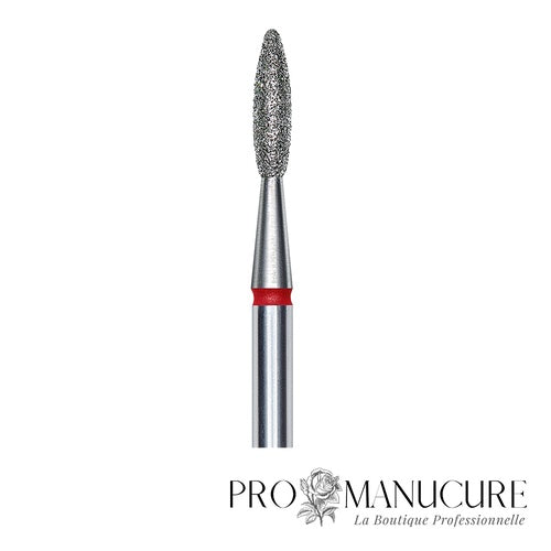 Zoom embout diamant Staleks FA10R021/8 forme flame pointe arrondie sécurisée grain doux pour soulèvement cuticules délicat retrait ptérygion et manucure russe combinée clientes sensibles quotidienne