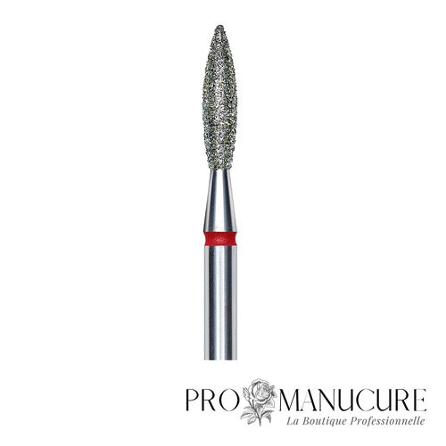 Zoom embout diamant Staleks FA10R023/10 forme flame pointe arrondie sécurisée grain doux partie active longue pour soulèvement cuticules délicat ongles longs et manucure russe combinée clientes sensibles