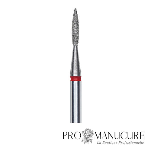 Zoom embout diamant Staleks FA11R016/8 forme pointed flame ultra-fine grain doux pour travail sillons latéraux serrés et finition sécurisée sous bord libre ongles d'enfants peaux ultra-sensibles
