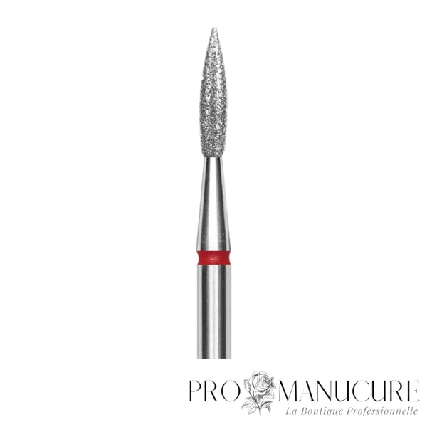 Zoom embout diamanté Staleks Pro FA11R023/8 flamme aiguisée grain fin rouge avec pictogramme diamond pour cuticules et hyperkératose