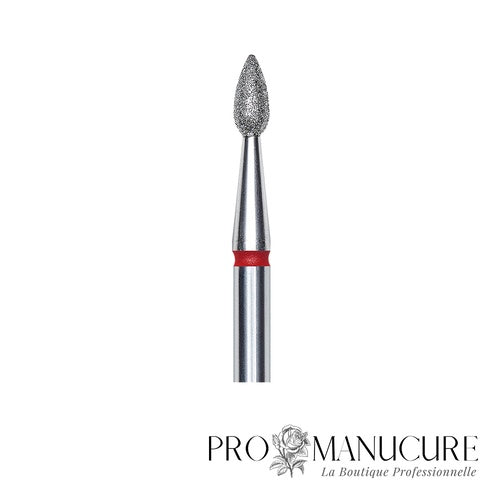 Zoom embout diamant Staleks FA40R023/5 forme drop base ronde et pointe effilée grain doux pour ouverture sinus péri-unguéaux retrait ptérygion sécurisé et manucure russe peaux fines normales