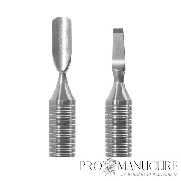 Zoom manche creux grand diamètre et double embout PE-100/5 Staleks Expert 100 repousse arrondi et lame biseautée inclinée pour cuticule ptérygium professionnel
