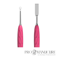 Zoom pousseur Staleks PQ-11/1 acier inoxydable AISI 420 affûtage manuel pousseur plat droit et loop pour repoussage frontal cuticule et retrait ptérygion