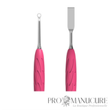 Zoom pousseur Staleks PQ-11/1 acier inoxydable AISI 420 affûtage manuel pousseur plat droit et loop pour repoussage frontal cuticule et retrait ptérygion