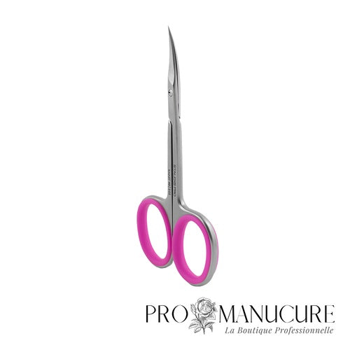 Ciseaux à cuticule Staleks Pro Smart 40 Type 3 SS-40/3 acier inoxydable lames courbées extra-fines manches allongés inserts silicone roses manucure professionnelle