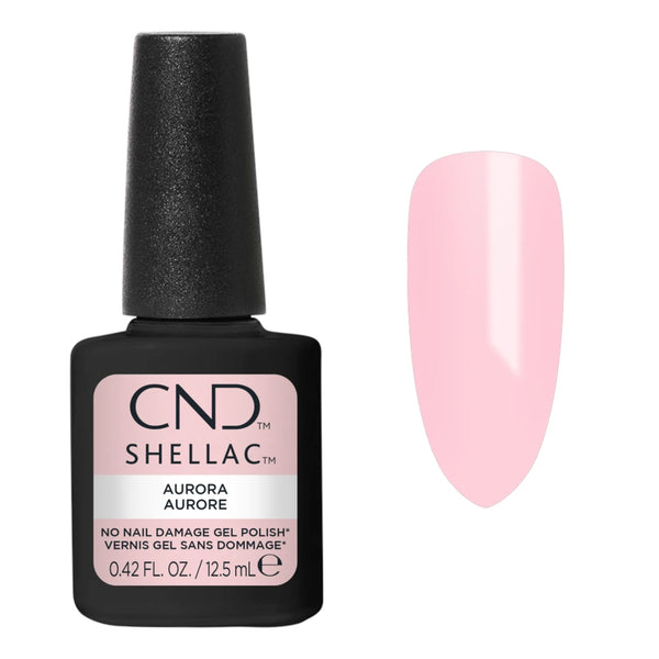 Vernis semi-permanent CND Shellac Aurora rose pâle laiteux 12,5 ml avec aperçu de la couleur