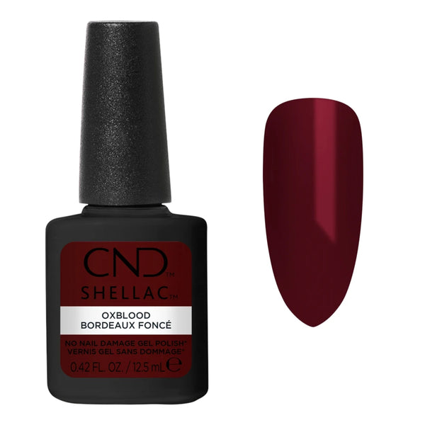 CND Shellac Oxblood – nuancier rouge bordeaux profond et flacon 12,5 ml